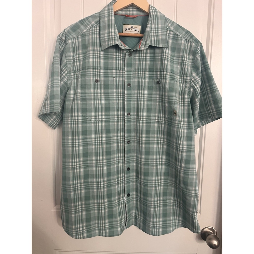 Lake & Trail Mens Large Short Sleeve‎ Collar Shirt Green Plaid Travel Camp 092